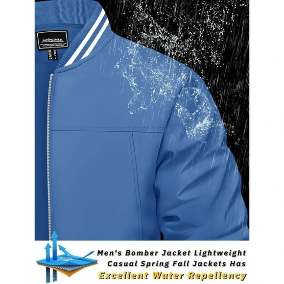❤️ Men's Bomber Jacket Lightweight Casual Fall Windbreaker Zip Up  Coat - Blue - Picture 2 of 8